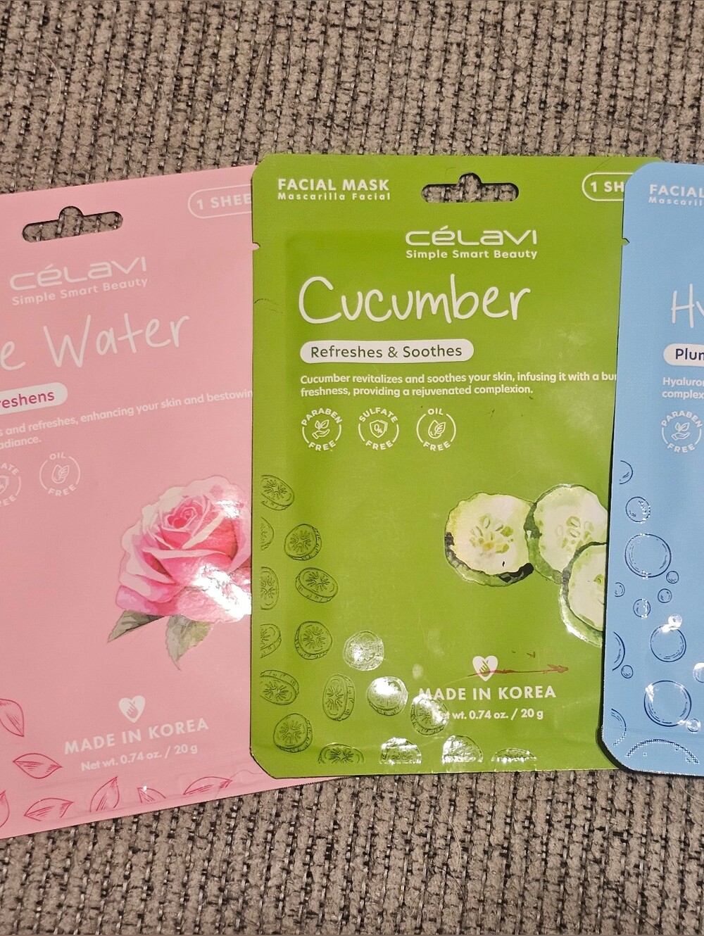 Nwt Korean 3pk Cucumber-Rose Water & Face  Masks – Refreshing Green Sheet Mask